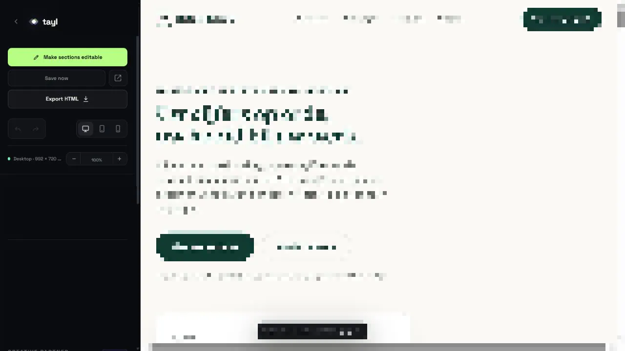 The real Taylo full-screen editor; private project content has been pixelated.